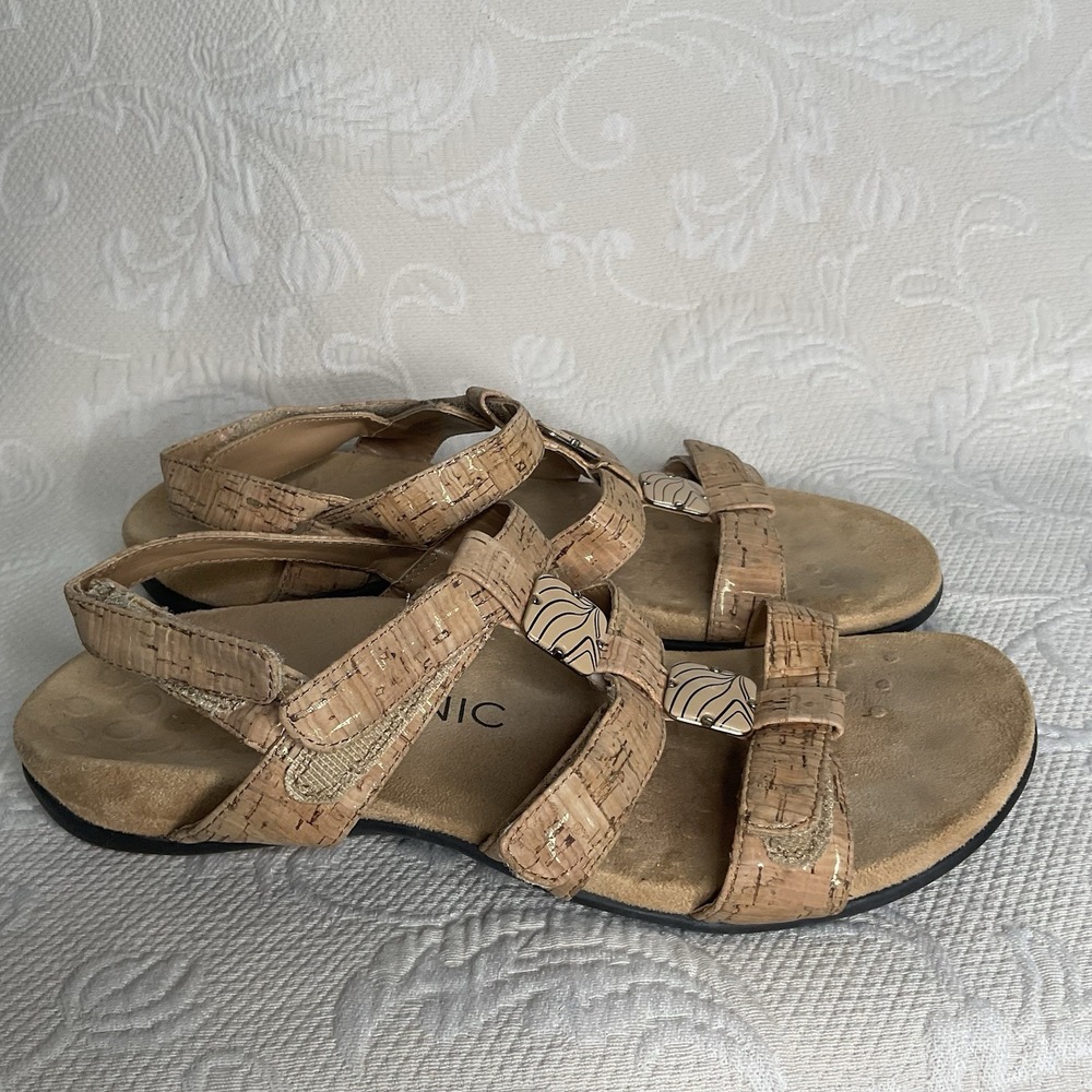 Vionic Amber-Tan Adjustable Sandals Cork Look, Gold Foil Accents Women's Size 9